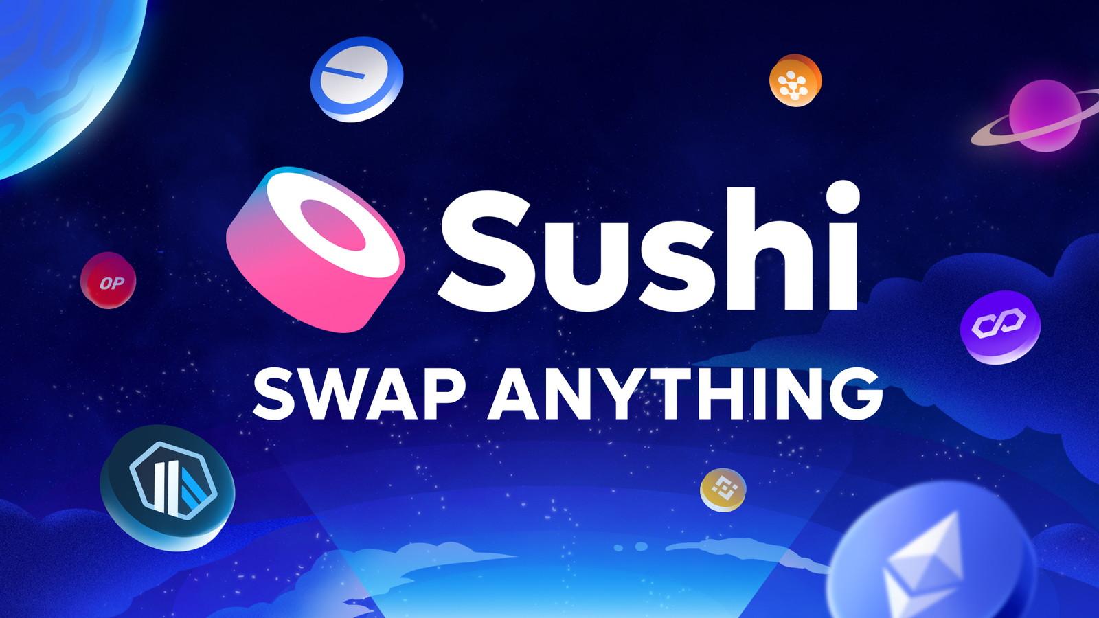 Sushi logo and Swap Anything text among floating coin icons